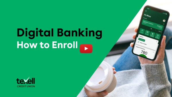 IMAGE: Person holding phone with banking app and text Digital Banking How to Enroll